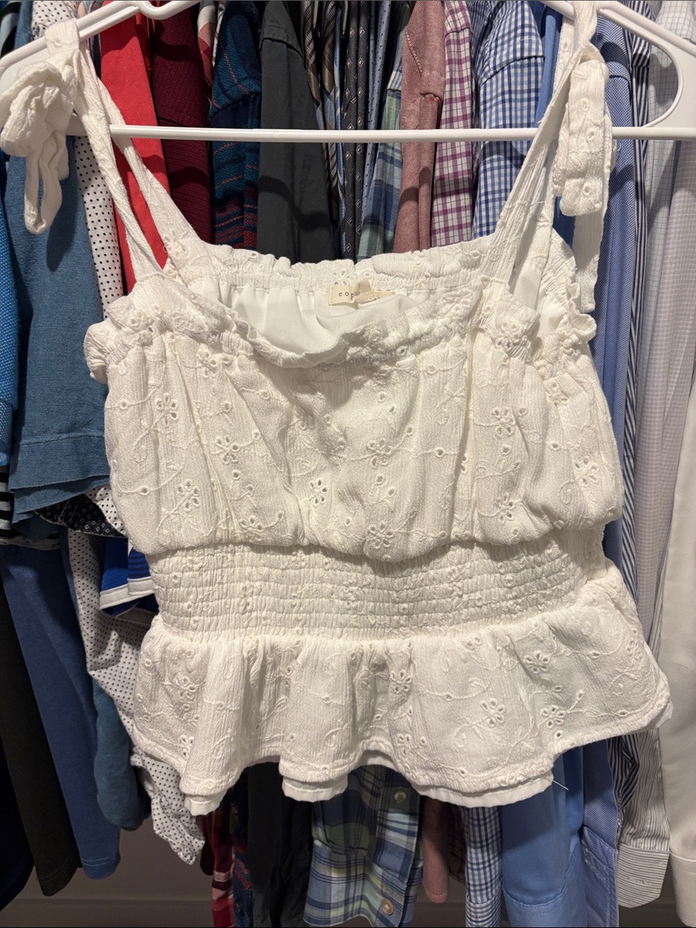 Copper Key White Eyelet Smocked Peplum Tie-Strap Camisole
